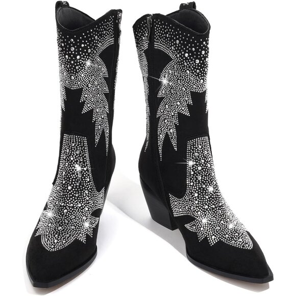 Women Polyurethane Ankle Black Pointed Toe Chunky Heel Rhinestone Tall Boot - Picture 2 of 8